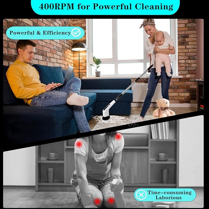 Electric Spin Scrubber Cordless Shower Scrubber for Cleaning with 7 Multi-Purpose Cleaning Brush Heads Bathroom Scrubber with Long Handle Power Scrubber for Cleaning Wall Floor Bathroom Kitchen