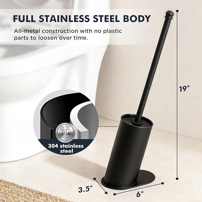 Toilet Brush and Holder Set Stainless Steel Toilet Bowl Brush with 16.5 Long-Reach Handle Tilted Canister with Concealed Brush Head &amp Anti-Splash Shield for Bathroom Cleaning 1 Spare Head Incl