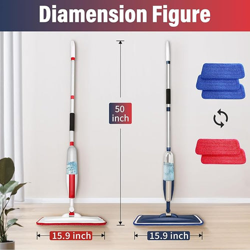 2 Pack Spray Mop for Floor Cleaning Red &amp Blue Combo Refillable 14 oz Bottle and 3 Washable Pads Wet Dry Mop for Hardwood Tile Laminate Home or Commercial Use