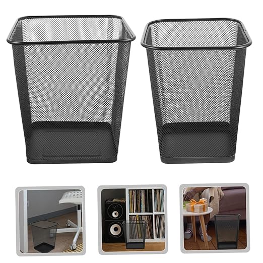 Toyvian 2pcs Mesh Design Square Wastebasket with Sturdy Iron Frame Black Wire Trash Cans for Household and Office Use Open Top Breathable Mesh Bins for and Easy Garbage Disposal