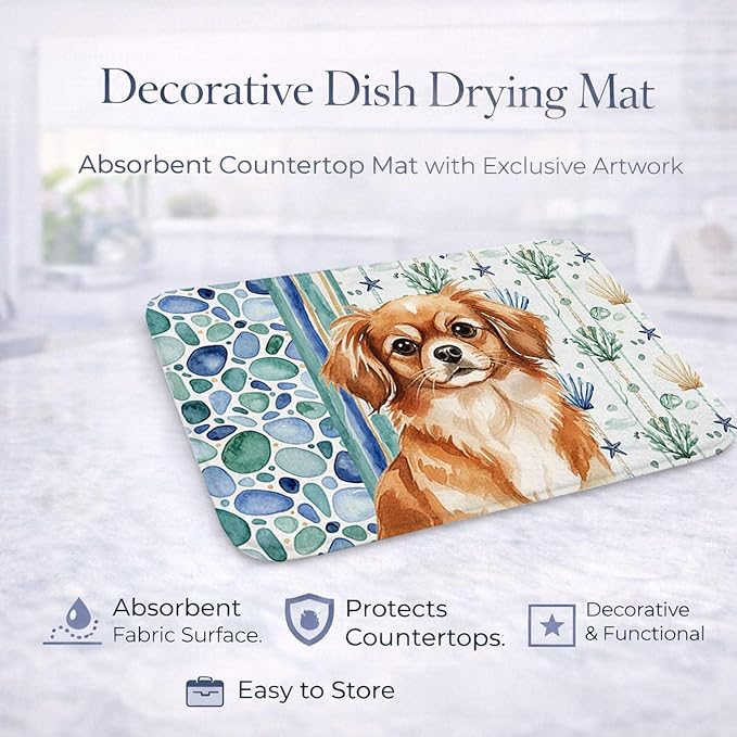 Caroline's Treasures Red Tibetan Spaniel Coastal Sea Glass Dish Drying Mat Absorbent Dish Drying Mat Pad for Kitchen Counter Dish Drainer Mat for Countertop 14 x 21 Multicolor