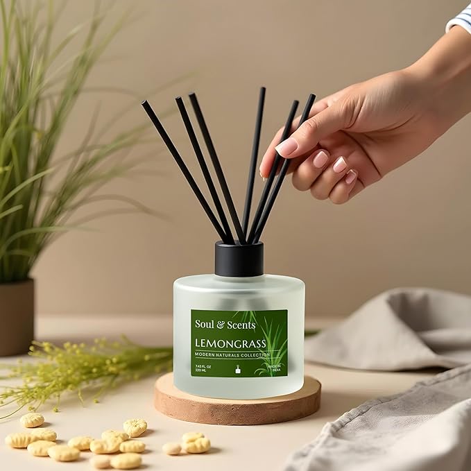 Soul &amp Scents Reed Diffuser Set – Lemongrass | 7.43 oz Refillable Scented Oil with 6 Fiber Sticks | Long-Lasting Home Fragrance &amp Air Freshener for Bedroom Bathroom Office | Gift &amp Décor