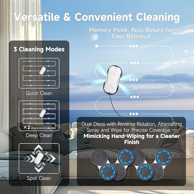 FMART T11 Window Cleaning Robot Auto 4-Way Water Spray 5300Pa Strong Suction High-Speed Cleaning &lt60dB Ultra-Quiet 60mm Slim Window Robot Smart Navigation Anti-Drop &amp 50min UPS Protectio