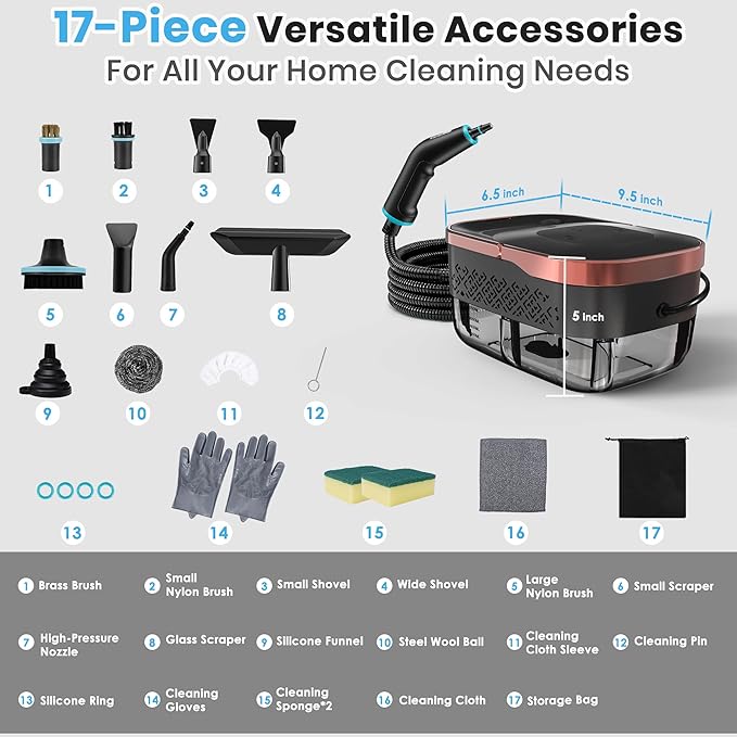Steam Cleaner 6-Level Adjustable Steam 15s Heat-Up 1250ML Tank 7ft Extended Hose Portable Steamer for Cleaning with 18 pcs Accessories for Home for Dirt Grease Grout Tile Floor Car