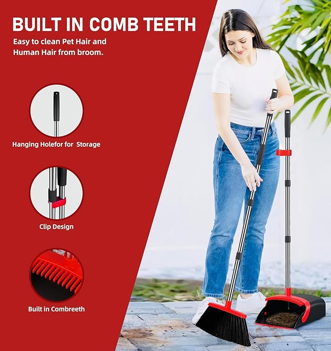 2-Pack is More economicalBrooms with Dustpan Combo Set with 52 Long Handle Dustpan Teeth with self-Cleaning Function Indoor and Outdoor Sweeping Perfect for Home Office (Large/Red /2-Pack)