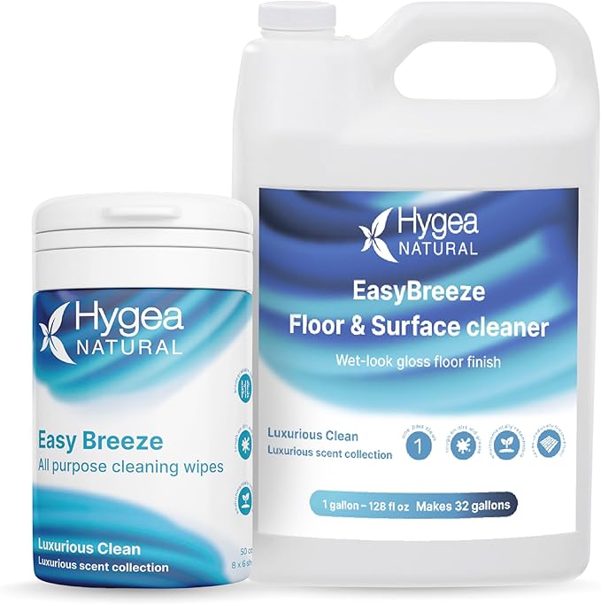 Hygea Natural EasyBreeze Ultimate Cleaning Bundle - PH Neutral Floor &amp Hard Surface Cleaner with All-Purpose Wipes - Luxurious Clean Scented (1 Gallon Floor Cleaner 50 ct. Wipes)