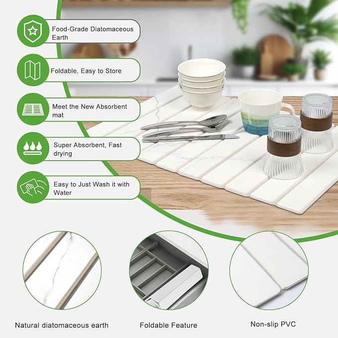 Large Stone Drying Mat for Kitchen Counter - 24x16Quick Drying Fast Absorbent Non-Slip kitchen Dish Drying Mats Friendly Foldable Diatomaceous Earth Mats for Dishes CupsMatch Any Countertop