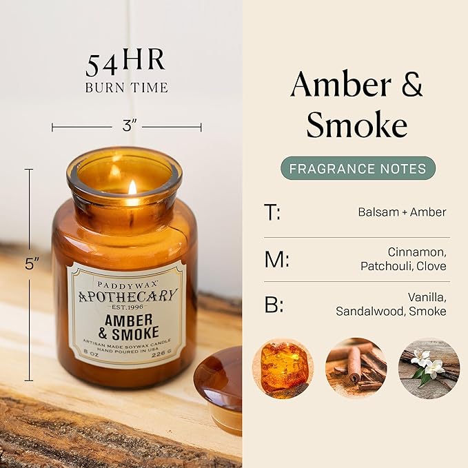 Paddywax Artisan Apothecary Scented Candle with Lid in Reusable Glass Jar Clean-Burn Soy Candle with Approx. 54 Hour Burn Time Amber &amp Smoke 8 oz.