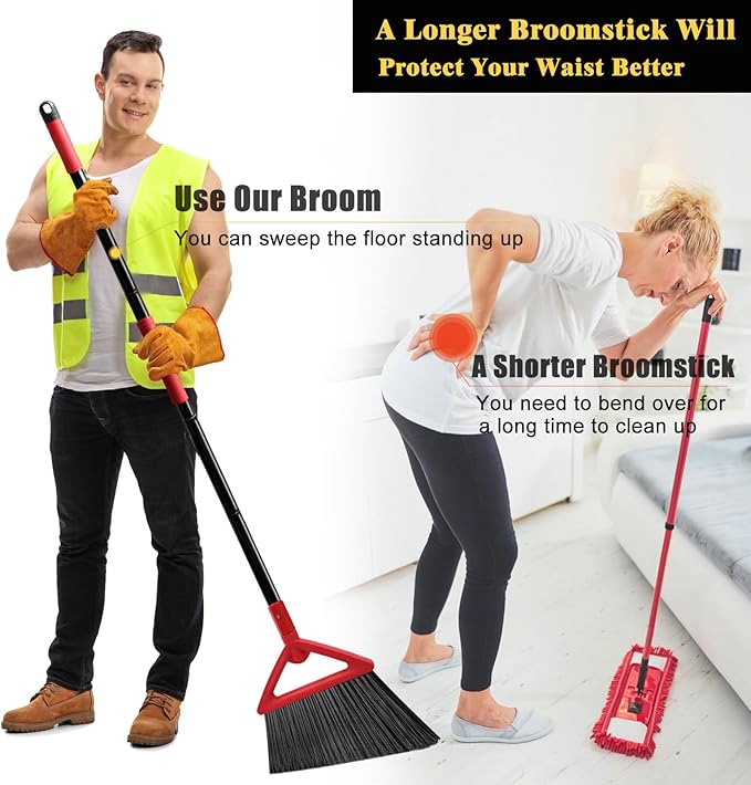 Heavy Duty Angle Broom 3 Pack Longer Commercial Brooms Swipe Brooms for Sweeping Indoor Outdoor Perfect Red Broom of Kitchen Garage House Restaurant