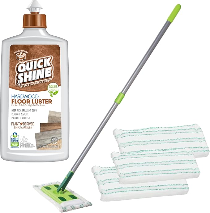 Quick Shine Hardwood Floor Clean + Polish Mop Kit w/ 3 Reusable Pads &amp 1-16 oz. Floor Luster w/Plant-Derived Carnauba | Use Wet + Dry | Safer Choice pH Neutral Ready to Use Formula