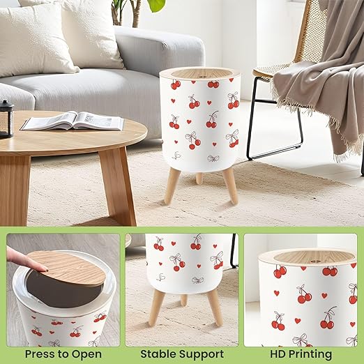 Bathroom Trash Can with Lid Draw Seamless red Cherry Bow Retro Valentine Day Fabric Print Doodle Garbage Bin Waste Basket for Kitchen Office Bedroom Decoration Diaper Pail 1.8 Gallon