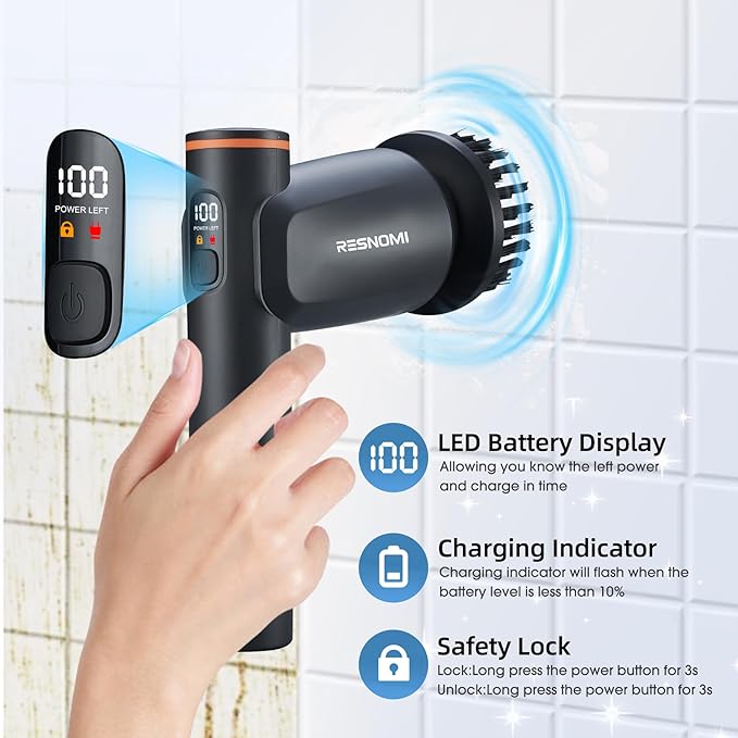 Electric Spin Scrubber Bathroom Shower Scrubber with LCD Display 2 Speeds Electric Scrubber for Cleaning with 6 Replaceable Heads 4-Hour Runtime‌ Cleaning Brush for Kitchen/Car Gray-Black