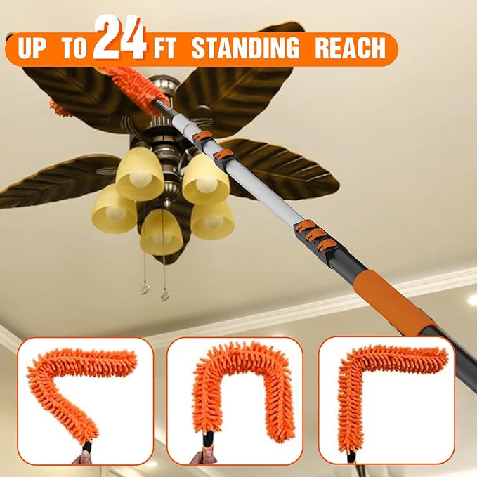 30FT High Reach Duster Cleaning Kit with Extension Pole High Ceiling Fan Cleaner Duster Tool for Fan Blades Window Washing Kit with Microfiber Feather Duster &amp Window Squeegee
