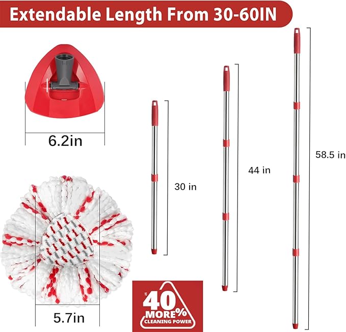 Spin Mop Replacement Head Base Handle Compatible with Ocedar Mop Set EasyWring 1-Tank Microfiber Spin Mop 2 Refills Replacement Heads 30-58in Handle and 1 Base Combo Set