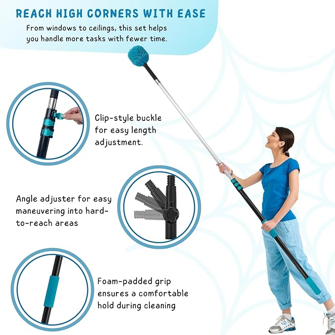 Cobweb Duster with 5-12 Ft Extension Pole Spider Web Brush with Long Telescoping Pole for 20 Feet Reach Window Cleaning Squeegee with Scrubber High Ceiling Fan Dusters