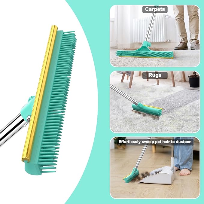 Carpet Rake for Pet Hair Removal - 60 Adjustable Long Handle Carpet Rake 3 in 1 Reusable Pet Hair Removal Tool Kit Cat Dog Fur Rakes Scraper Carpet Broom for Carpets Rugs Mats