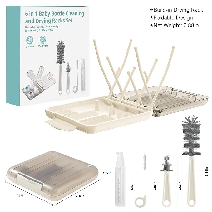 6 in 1 Baby Bottle Brush SetBottle Cleaner Brush Kit with Silicone Bottle BrushDrying RackNipple BrushStraw BrushSoap Dispenser&ampStorage BoxPortable Baby Essentials for Home&ampTravel (White