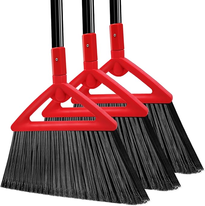 Heavy Duty Angle Broom 3 Pack Longer Commercial Brooms Swipe Brooms for Sweeping Indoor Outdoor Perfect Red Broom of Kitchen Garage House Restaurant