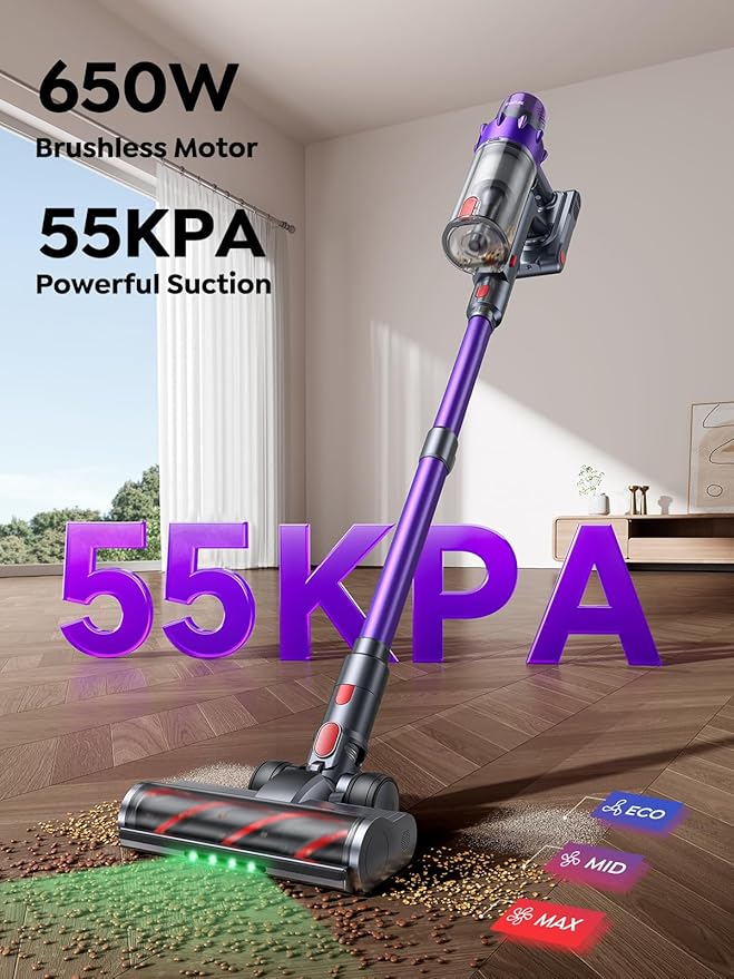 SMOTURE Cordless Vacuum Cleaner 650W 55KPA 70Mins Vacuum Cleaners for Home Cordless Stick Vacuum with LED Touch Screen Anti-Tangle Wireless Vacuum Handheld Vacuum for Pet Hair/Carpet/Floor
