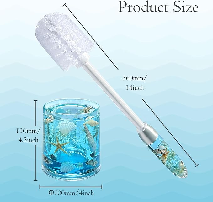 FONMY Toilet Brush and Holder Acrylic with Nature SeashellCompact Size Toilet Bowl Brush with Plastic Handle Easy to Hide Drip-ProofSpace Saving for StorageEasy to AssembleDeep Cleaning (Blue)