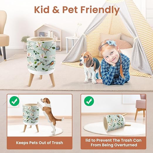 Bathroom Trash Can with Lid Magnolia Birds Butterflies Seamless Summer Magnolia Flowers Garbage Bin Waste Basket for Kitchen Office Bedroom Decoration Diaper Pail 1.8 Gallon