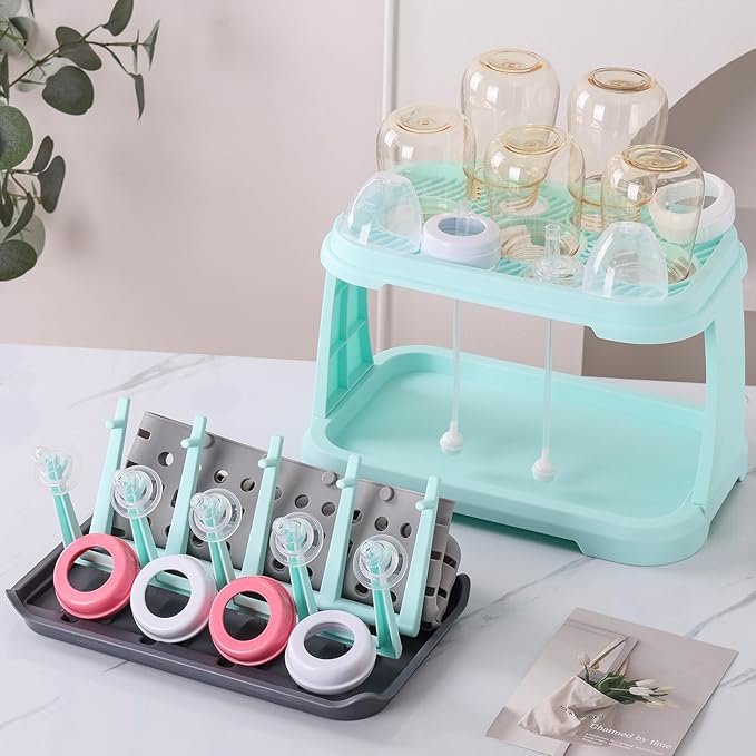 Baby Bottle Drying Rack with Brush &amp Dishwasher Basket - Space Saving Standing Drying Rack for Baby Bottles Pump Parts &amp Accessories Compact Organizer Holds Up to 8 Bottles (Blue)