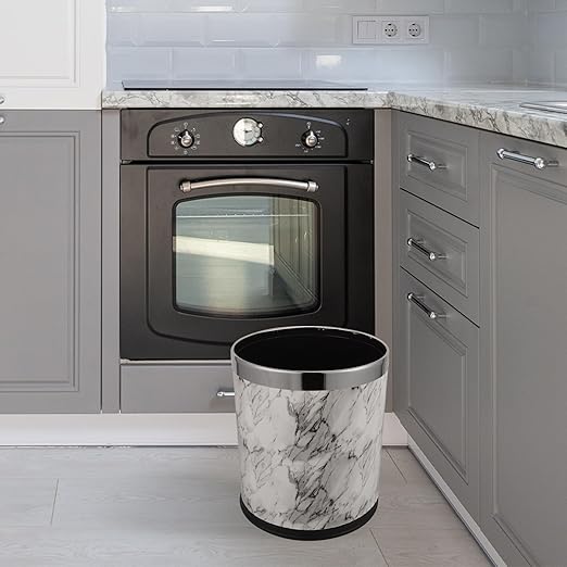 Marble Pattern Wastebasket Trash Can 225X260Mm Double-Layer Plastic PU Coating Office and Home Bathroom Living Room Waste Bin