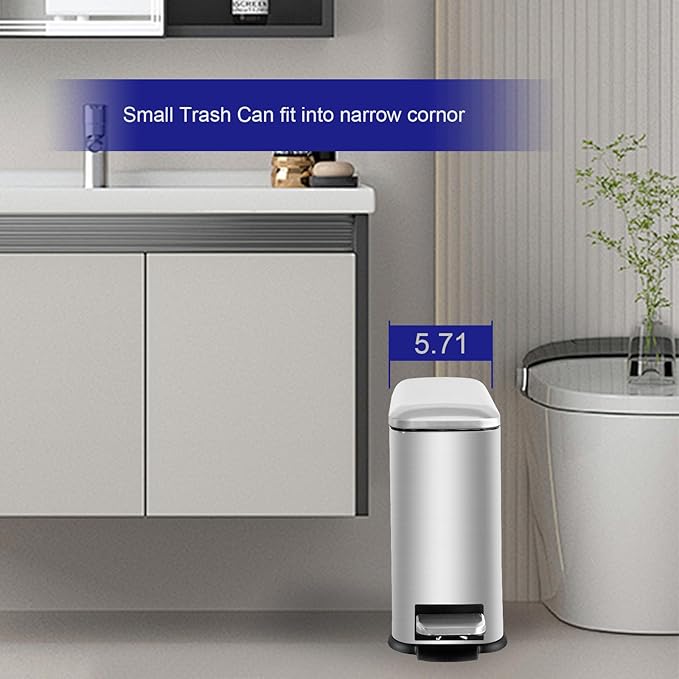 Bathroom Trash Can5L/1.3 Gallon Trash Can with Removable Liner Bucket Foot Pedal Stainless Steel Small Garbage can with Lid for BathroomBedroomHome OfficeSilver