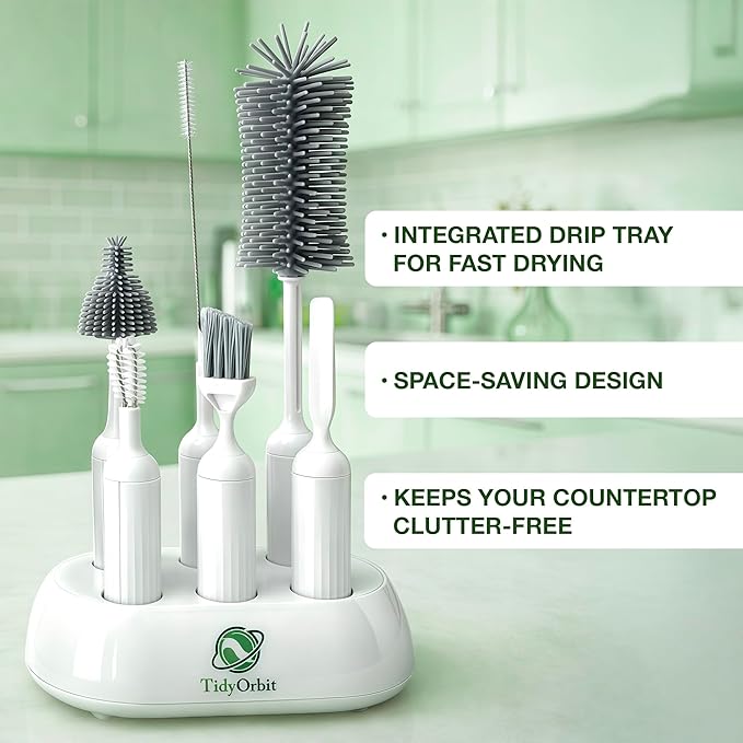 6-in-1 Bottle Brush Set with Holder – Multipurpose Cleaning Kit for Baby Bottles Reusable Water Bottles Straws and Lids – BPA-Free Compact Storage