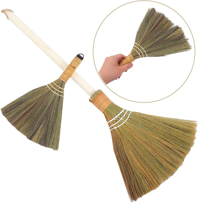 2pcs Handmade Soft Straw Broom Set with Detachable Handle Indoor Dust Removal Gentle Floors for Hardwood Tile Surfaces