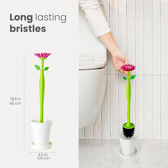 Vigar Flower Power Toilet Brush with Holder Set Toilet Brush with Daisy-shaped Handle Flowerpot Base with Saucer Durable Bristles for Bathroom White