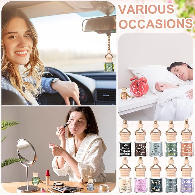 50 Set Employee Appreciation Car Air Freshener Diffuser Gift Inspirational Hanging Car Empty Glass Essential Oil Bottle with DIY Sticker Thank You Gifts for Coworker Teachers Staff (Cylinder)