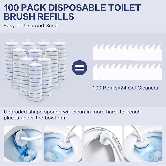 100PC Toilet Bowl Wand Refills Disposable Toilet Brush Heads Upgraded Toilet Scrubber Refill Toilet Cleaner Refill Pads with Most Toilet Brushes for Easy Bathroom Cleaning
