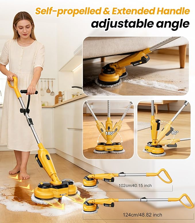 qimedo 6000mAh Battery Cordless Electric Mop M3 Pro 800RPM Electric Power Scrubber &amp Mops for Floor Cleaning Automatic Spin Mops with Smart DisplayRotating Mop with LED Light &amp Water Spray