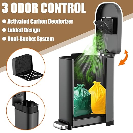 Dog Poop Trash Can Outside with Odor Control Lid &amp Step Pedal 3.2Gal Stainless Steel Outdoor Trash Can Waterproof Dog Waste Container - Includes 3 Carbon Filters &amp Bin Bag Holder