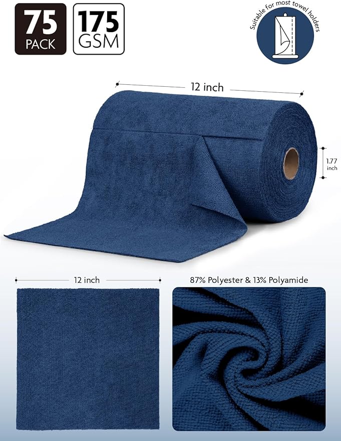 Fantasticlean Microfiber Cleaning Cloth Roll -75 Pack Tear Away Microfiber Towels 12 x 12 Reusable Washable Scratch Free Ultra Absorbent for All-Around Cleaning Supplies (Navy Blue)
