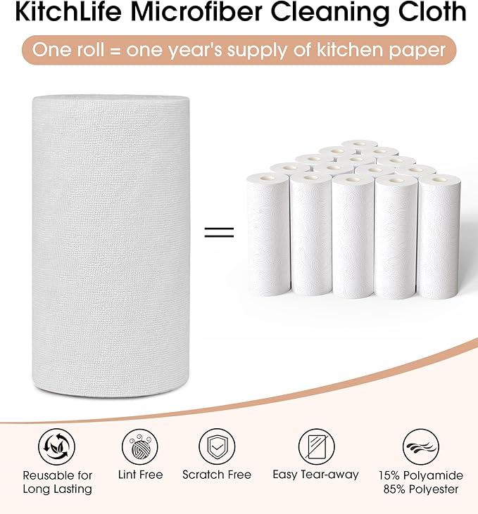 KitchLife Microfiber Cleaning Cloth Roll 100 Pack - Tear-Away Microfiber Paper Towels Lint-Free Reusable Washable for Kitchen Car Dishes and Sensitive Surfaces (Light Gray)