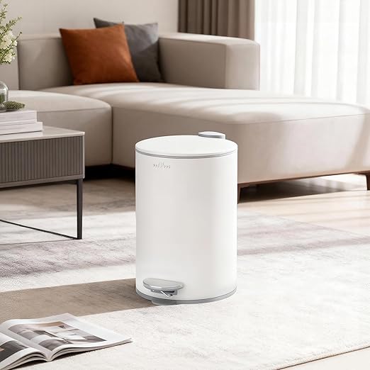 mVm Kitchen Trash Can5.3 Gallon/20 Lliter Step Round Trash Can with Lid and Foot PedalAnti-FingerprintSoft-Close.Stainless Steel Garbage Can for BathroomBedroomOfficeLiving Room (Matte White)