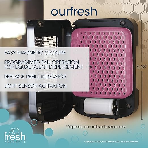 Fresh Products ourfresh 2 Air Freshener Replace Metered Aerosol with Dry Fragrance 30 Day Use Medium Sized Spaces Light Activated Battery Operated Batteries Included Seaside Breeze 8 pk