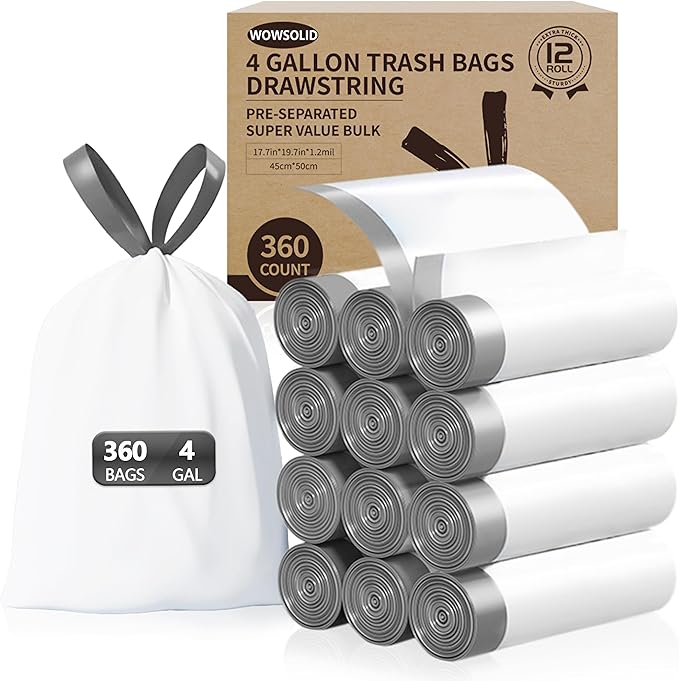Small Trash Bags 4 Gallon with Drawstring 360 Count 1.2 Mil Thick Small Garbage Bags by WOWSOLID Fit Liners 10-15 Liter 3.5-4.5 Gal Mini Trash Can Bin for Bathroom Kitchen Bedroom Office