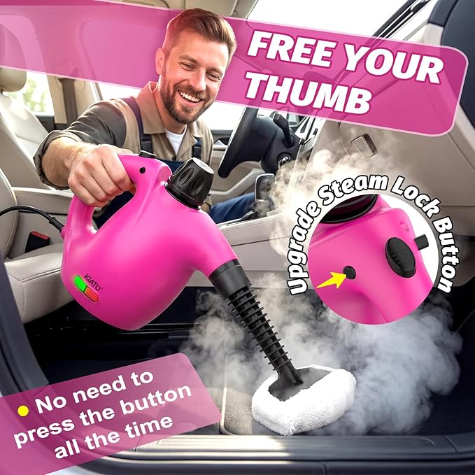 KIATO Handheld Steam Cleaner Hand Held Steamer for Cleaning Home Portable Pressurized Steamers for Upholstery Furniture Sofa Couch Floor Tile Grout Bathroom Pink SC23