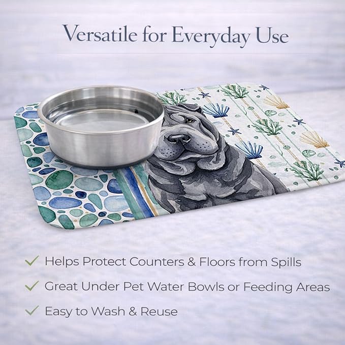 Caroline's Treasures Black Shar Pei Coastal Sea Glass Dish Drying Mat Absorbent Dish Drying Mat Pad for Kitchen Counter Dish Drainer Mat for Countertop 14 x 21 Multicolor
