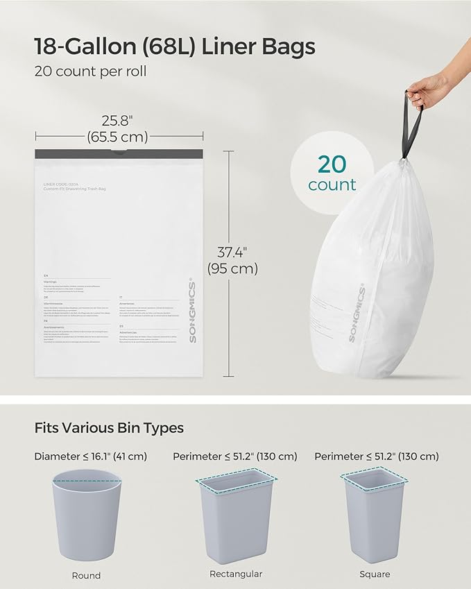 SONGMICS Trash Bags Compatible with SONGMICS Trash Can 18 Gallon 80 Count Drawstring Kitchen Garbage Bags 25.8 x 37.4 Inches 4 RollsWhite UKRB068A02