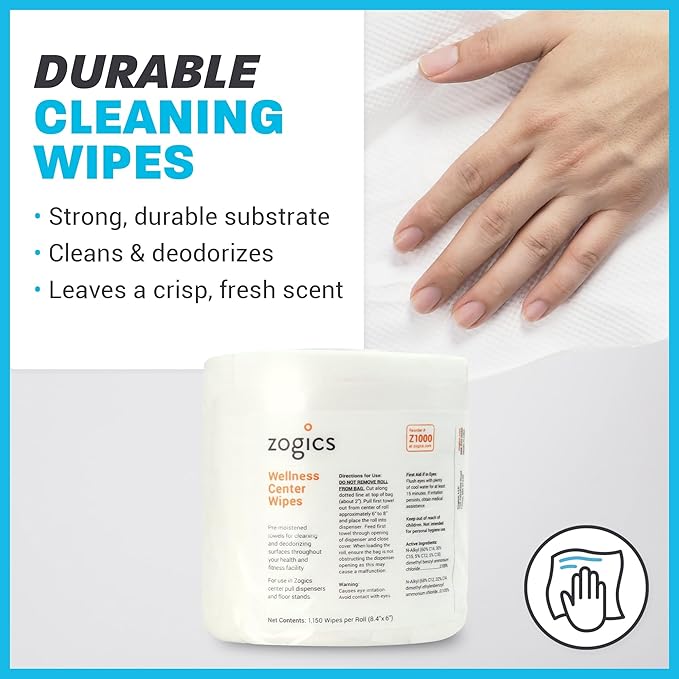 Zogics Wellness Center Cleaning Wipes – Gym Equipment Wipes for Cleaning Surfaces and Equipment Durable and Safe Pre-Saturated (4600 Count 4 Rolls of 1150)
