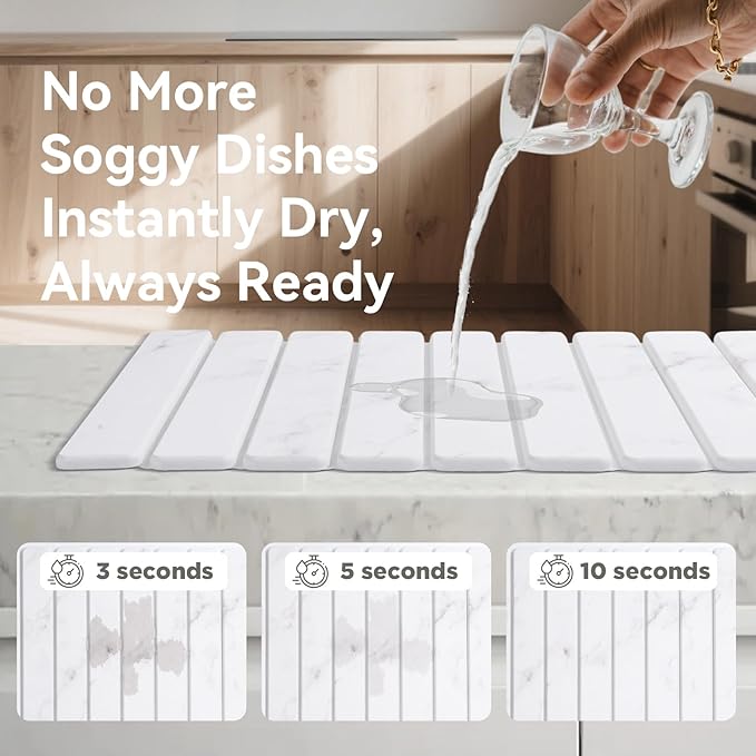 Stone Drying Mat for Kitchen Counter 24(L)×16(W) Drying Matt Kitchen Counter Stone Dish Drying Mat Foldable Diatomaceous Earth Mat