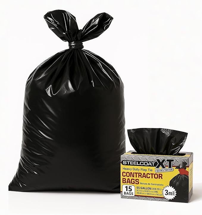 Steelcoat XL 55-Gallon Contractor Trash Bags – Extra Tough 3 Mil Heavy Duty Flap Tie – 15 Count Black – Made in USA