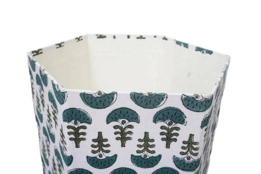 Generic 3.3 Gallon Cotton Hand Block Printed Paper Waste Basket |Small Decorative Trash Can for Housewarming Gifts in Living Room Bedroom Bathroom | Eco-Friendly Plastic-Free (1 GREEN WHITE)