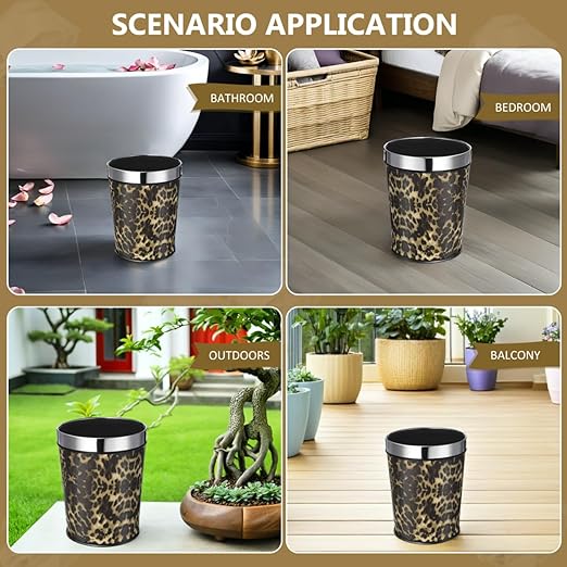 Bathroom Trash Can Recycling Bin Leopard Print Round Waste Basket Office Garbage Can Stainless Steel Trash Container 5L