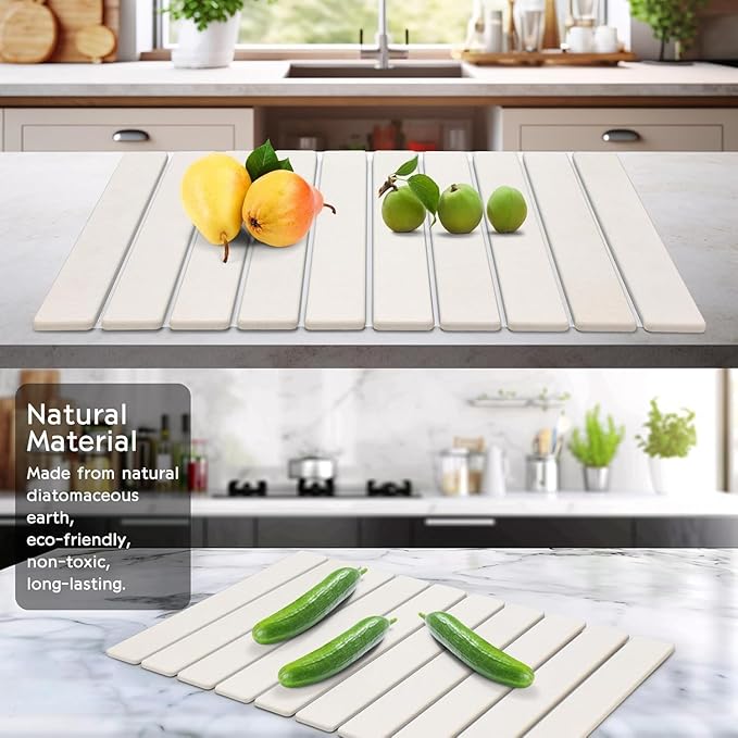 Large Stone Dish Drying Mats for Kitchen Counter 24(L)×16(W) Fast Drying Collapsible Dish Drying Mat Eco-Friendly Absorbent Diatomaceous Earth Mats for Dishes Bottles Cups Match Any Countertop