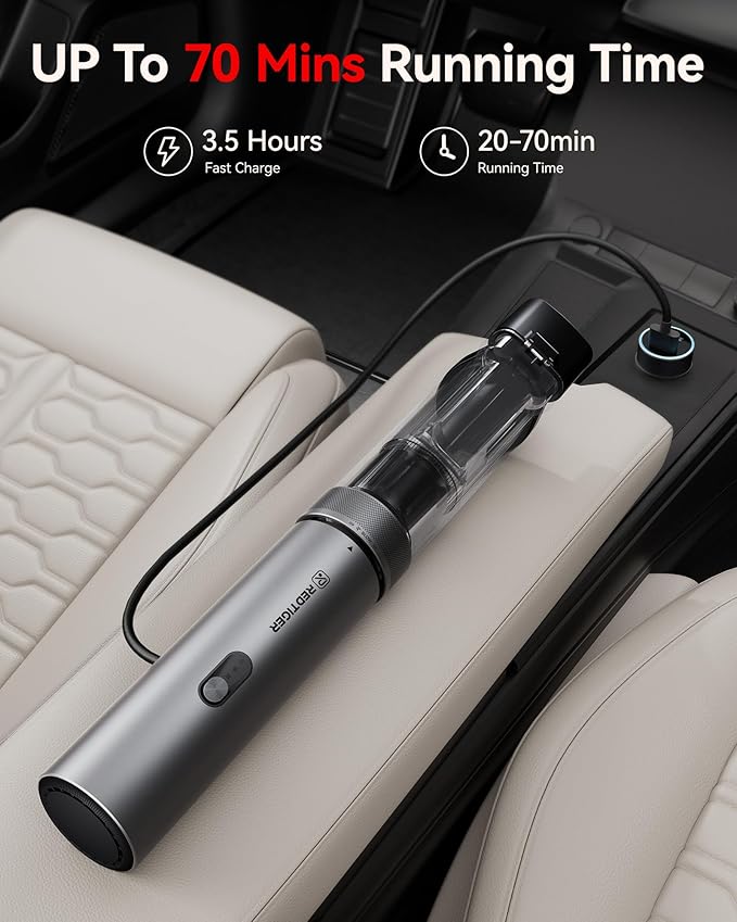REDTIGER Car Vacuum Cordless 21000PA Portable Handheld Vacuum Up to 70 Mins Runtime 3.5H USB-C Fast Charge Lightweight 4 in1 Mini Hand Held Cleaner Power for Car Home Outdoor Camp Pet Food Black